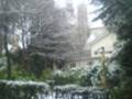 The snow falls in front of St.Peters church, Bournemouth